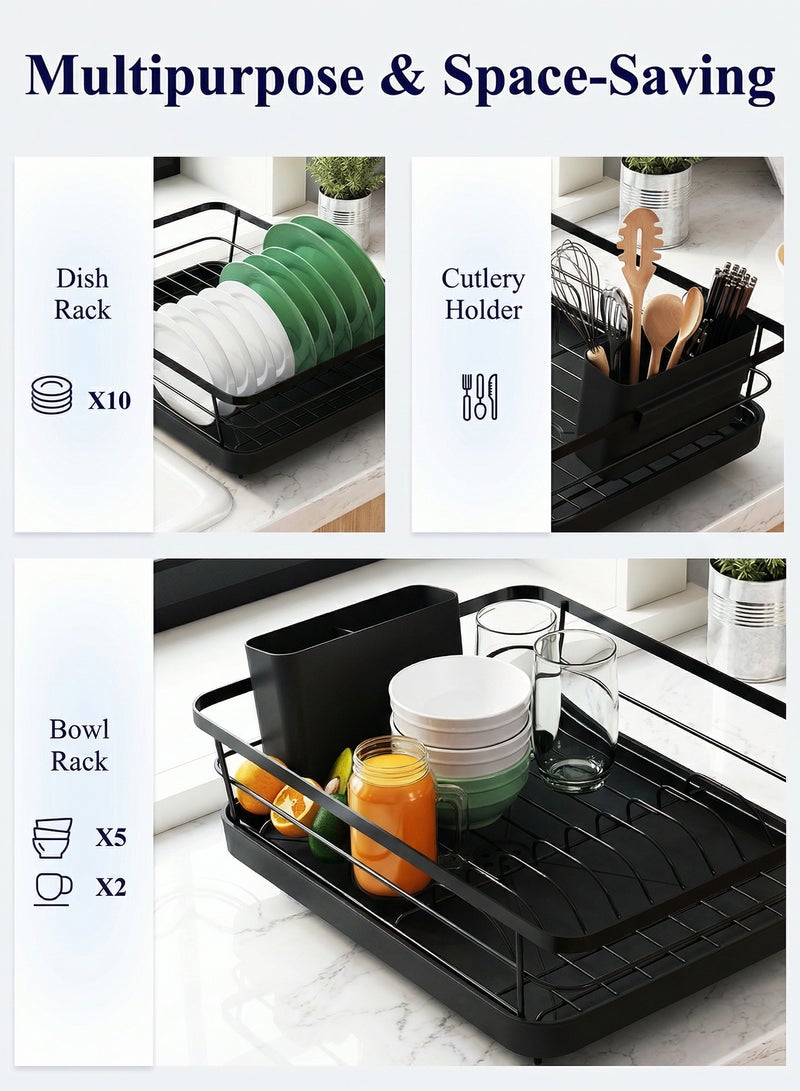 KOOKNA Dish Drying Rack, Dish Drainer, Kitchen Sink Organizer, Rustproof Stainless Steel Dish Rack with Drainboard, Space Saving Kitchen Storage for Home, Apartments, and Offices, Black - Image 5